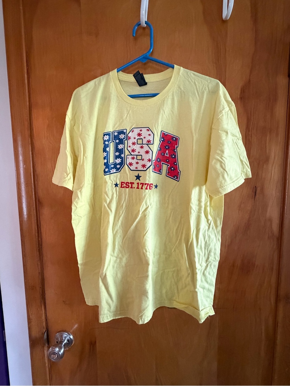 Gildan Custom made Yellow USA Graphic Short Sleeve Tee with Red & Blue Accents
